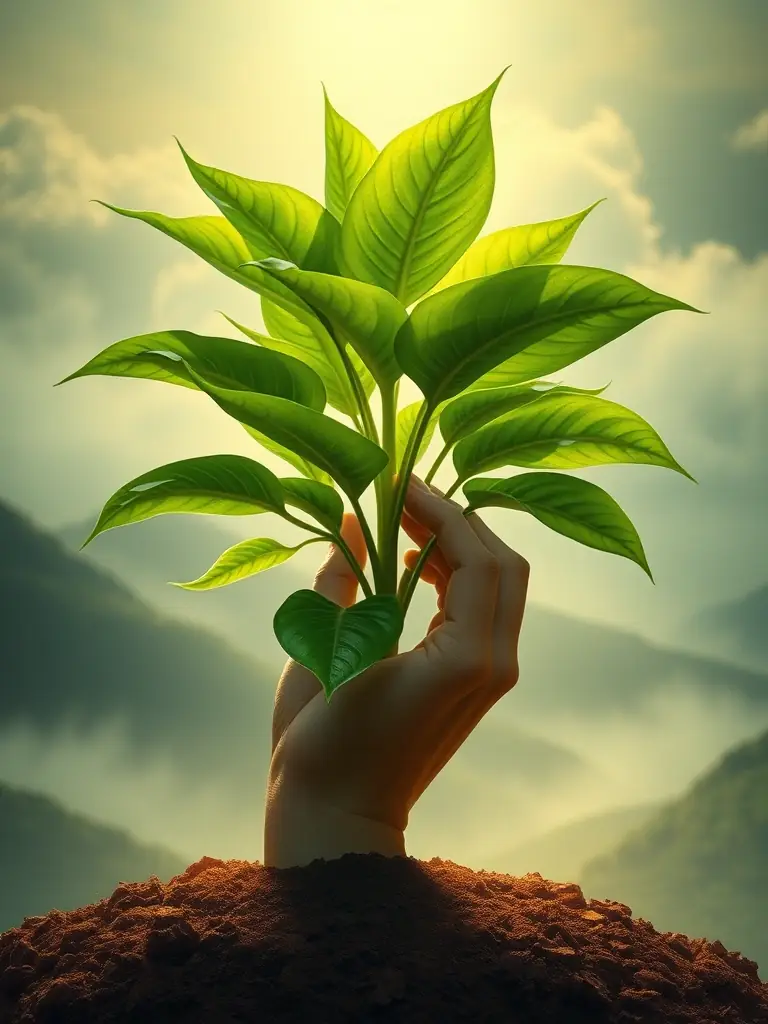 A growing plant representing a business, with a supportive hand (representing Key Person Cover) nurturing its growth and protecting it from external threats.