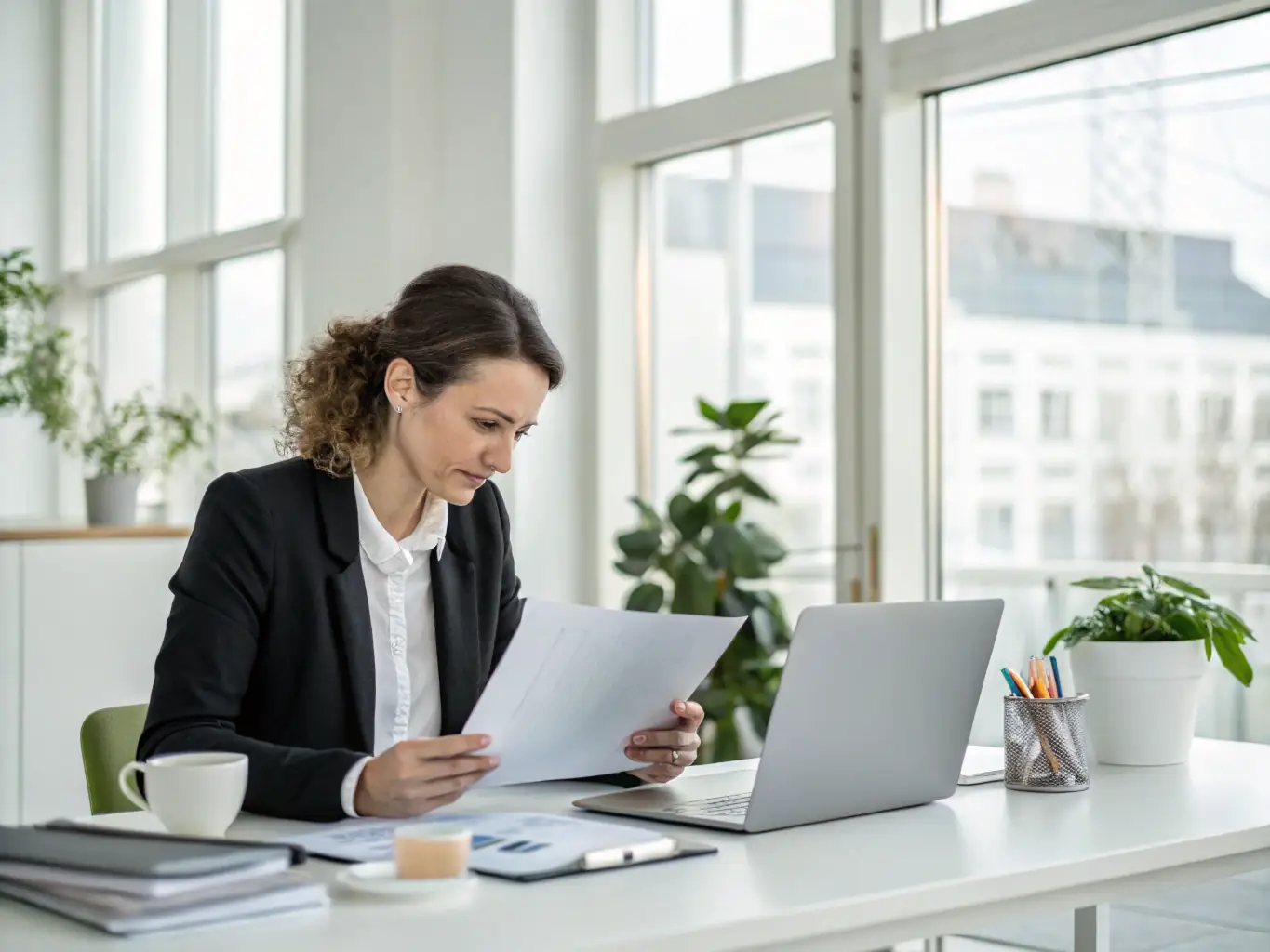 A professional business owner is reviewing financial documents in a modern office setting, highlighting the strategic planning involved in securing Relevant Life Cover for their employees.