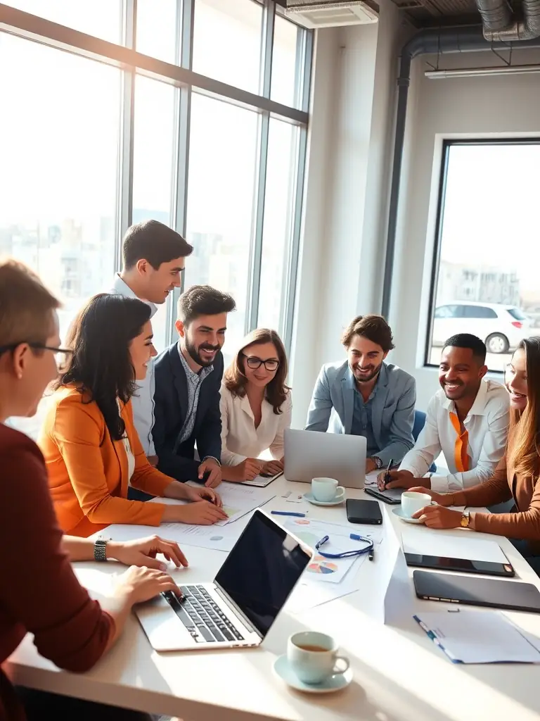A vibrant office scene with employees collaborating, but one chair is noticeably empty, symbolizing the absence of a key person and its effect on teamwork.
