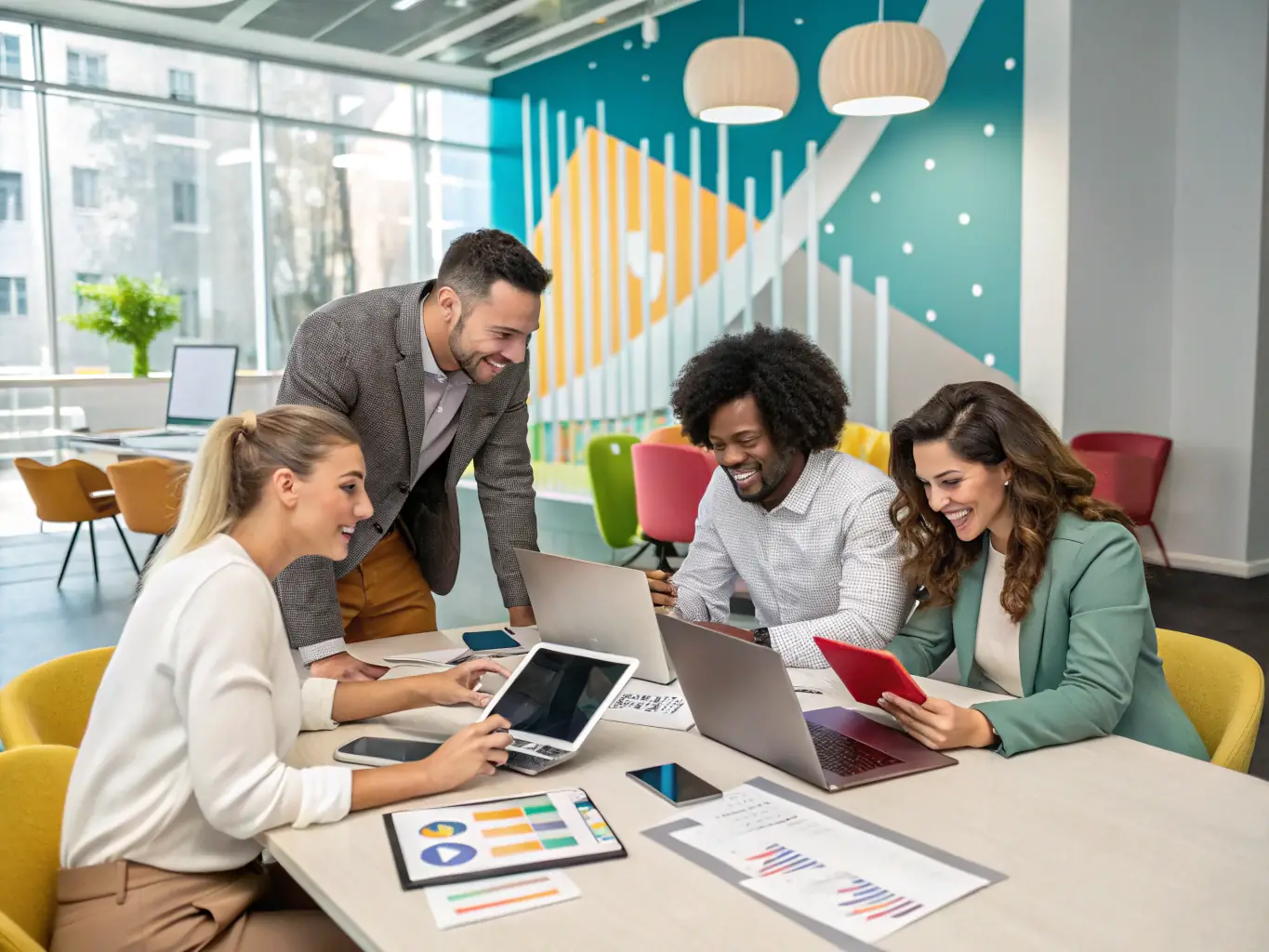A diverse team of employees is collaborating in a bright, modern office, showcasing the positive impact of Relevant Life Cover on employee morale and retention.